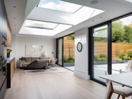 Interior of a modern home lit by two large skylights.