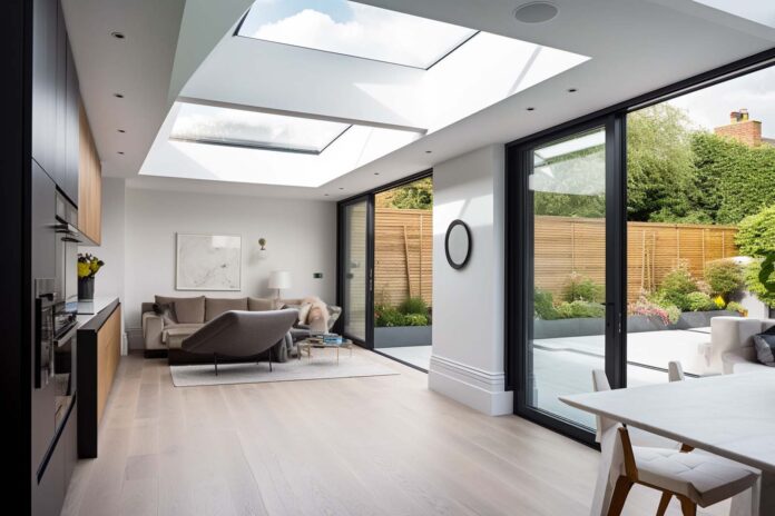Interior of a modern home lit by two large skylights.